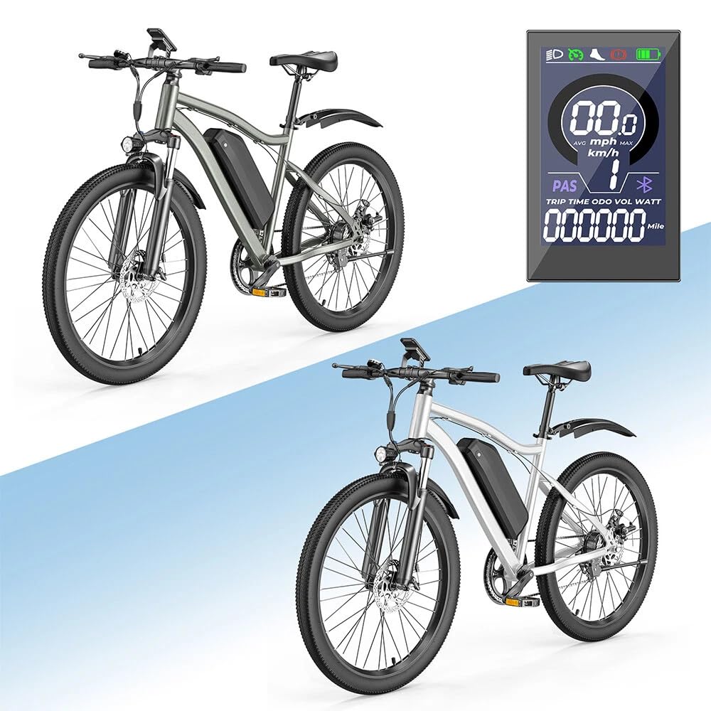 Electric Bike for Adults，Peak 520W Motor Electric Mountain Bike，26" Electric Bike 40Miles 20MPH, 36V Removable Battery with 7-Speed, LCD Display, Dual Disc Brakes & Front Fork Suspension (Grey)