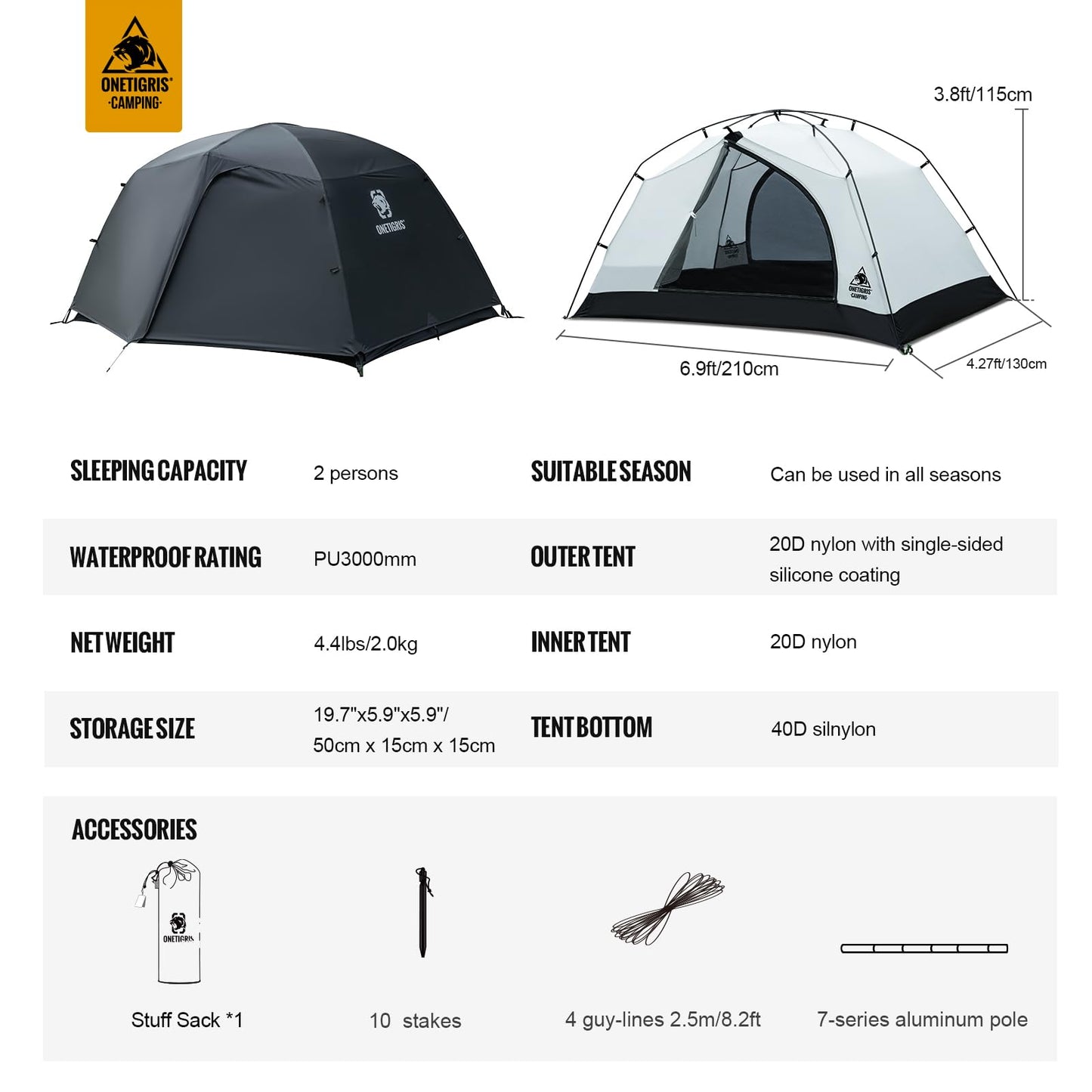 OneTigris Stella 4 Season Camping Tent Backpacking 2 Person Waterproof Lightweight Easy Setup Instant 3000mm Waterproof Rating Outdoor Hiking Tent, Black