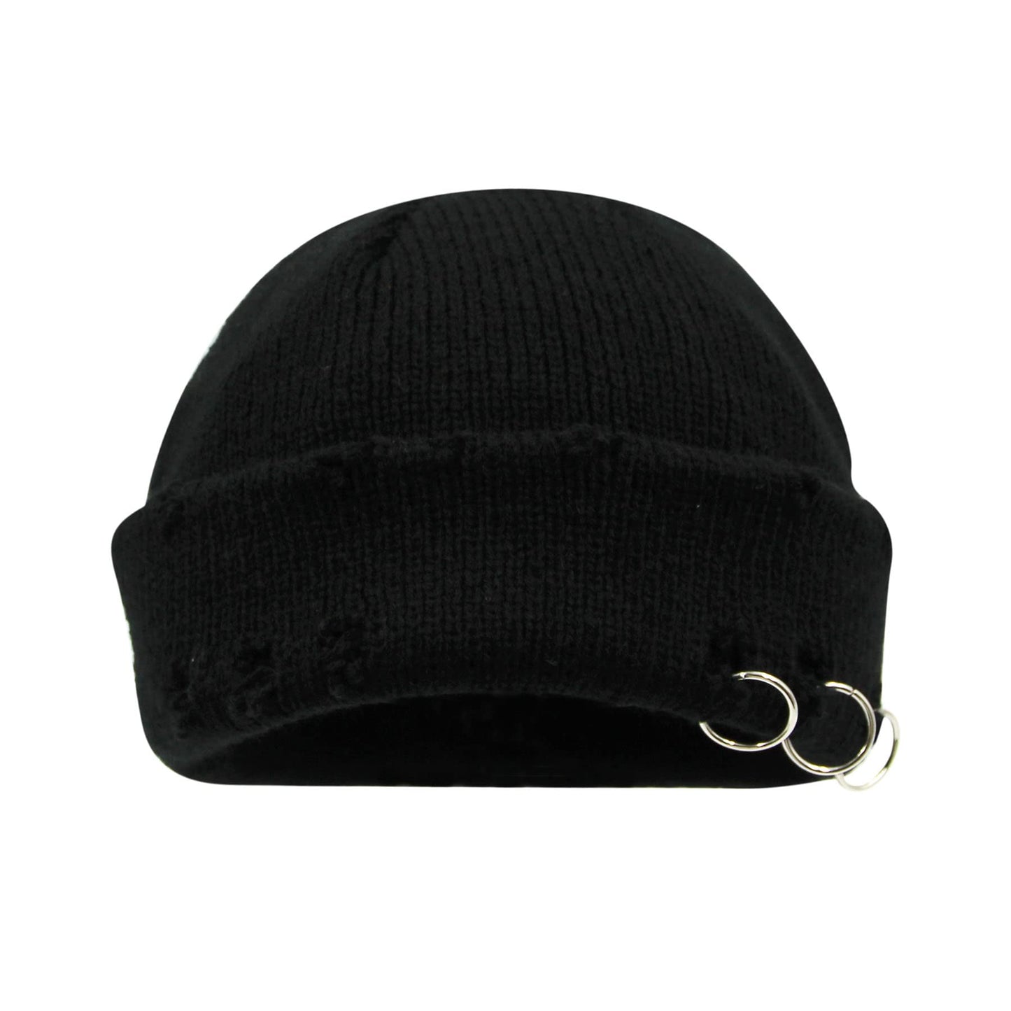 AIBEARTY Swag Short Fisherman Beanie for Men Women Rolled Cuff Beanie Skull Caps Wool Knit Winter Ski Hat with O Rings Black