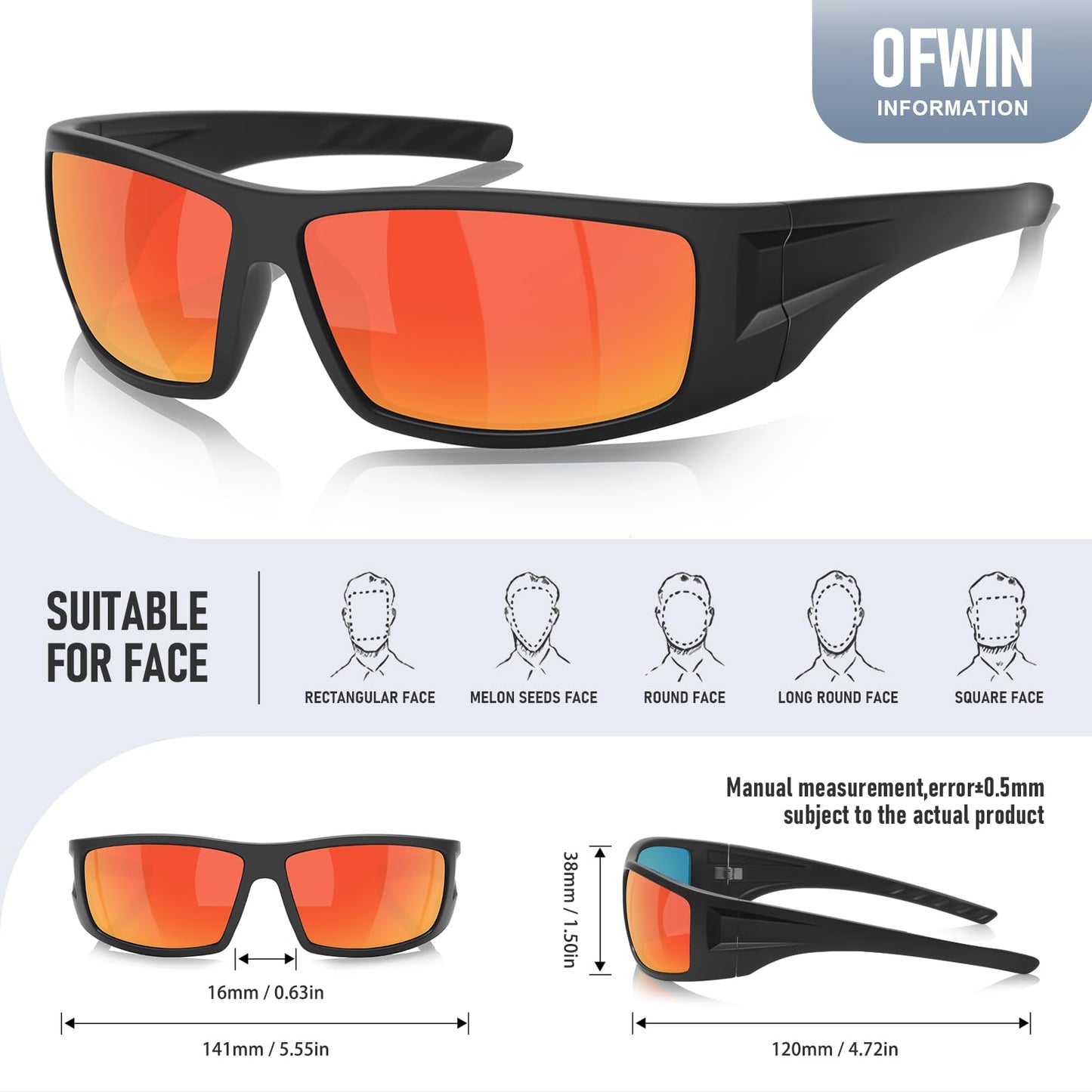 Ofwin Polarized Sports Sunglasses for Men Women Unbreakable Frame Cycling Fishing Wrap Around Sunglasses UV400 Protection Matte Black Frame/Red Mirror Lens