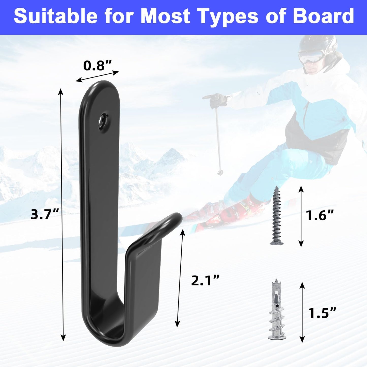 FOROIRON Horizontal Snowboard Wall Mount Clips Snowboard Wall Rack Snowboard Mount Storage Snowboard Display Wall Mount for Room, Garage (4 PCS)