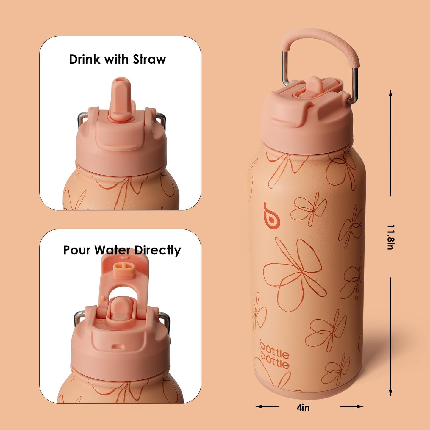 BOTTLE BOTTLE 32oz Insulated Water Bottle Stainless Steel Sport Water Bottle with Straw Dual-use Lid Design for Gym with Pill Box (yellow flower)