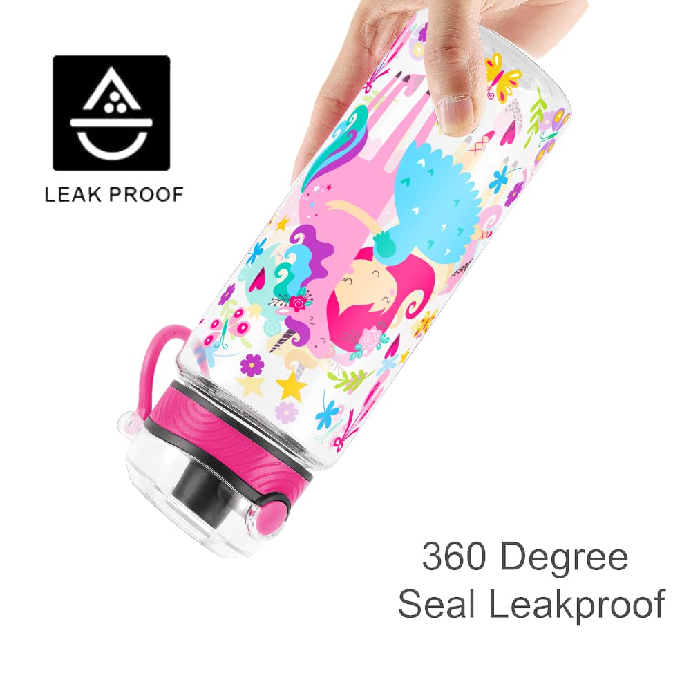 Cute Water Bottle for School Kids Girls, BPA FREE Tritan & Leak Proof & Easy Clean & Carry Handle, 23oz/ 680ml - Girl & Unicorn