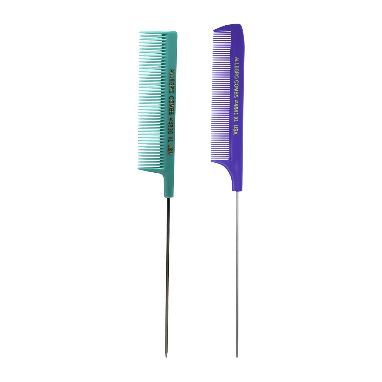 Allegro XL Pintail Rat Tail & Parting Combs - Metal Tail Foiling & Pin Combs (2 Pc., Purple & Mint)