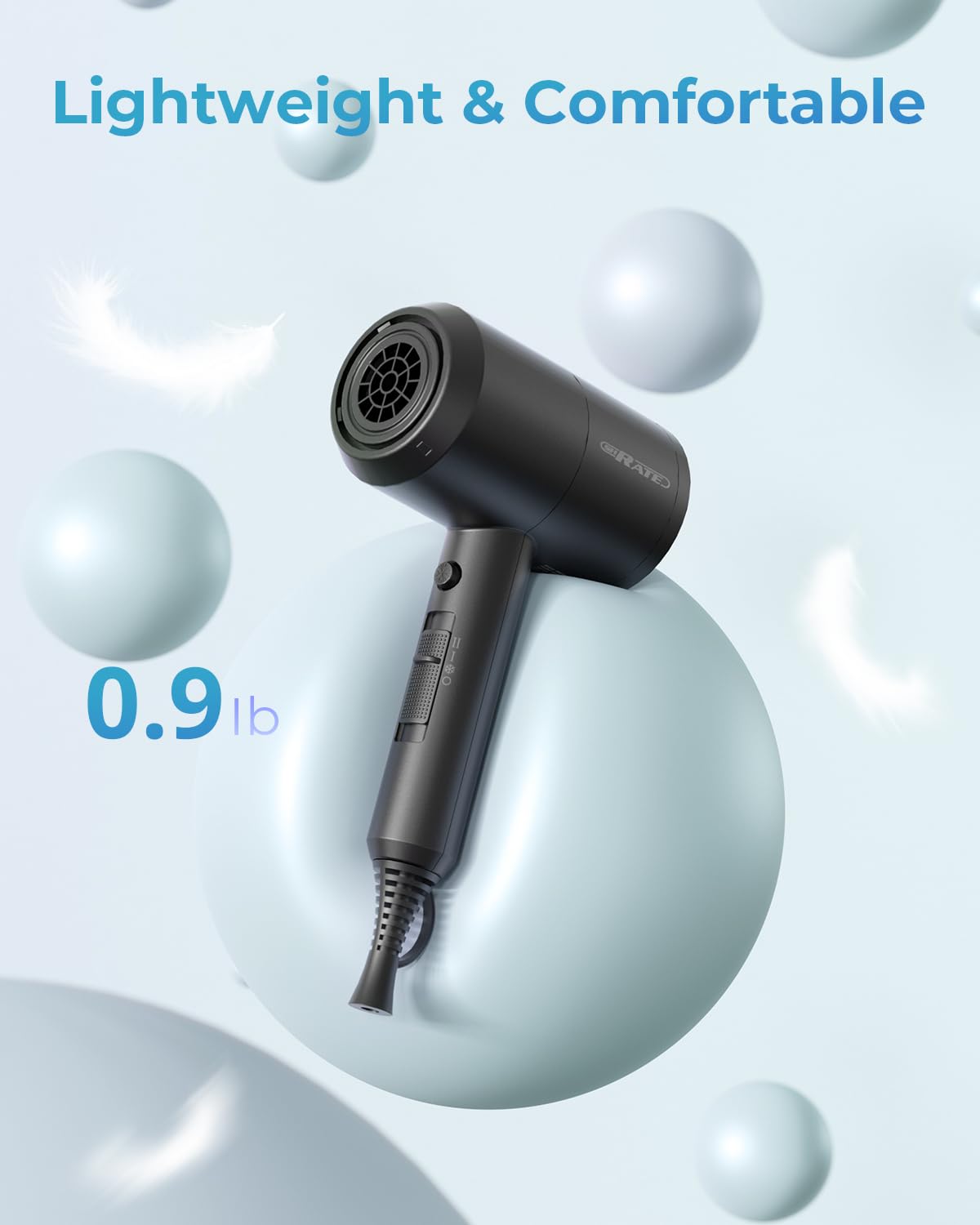 SHRATE Lightweight Ionic Hair Dryer with Diffuser - Powerful 1800W Blow Dryer for Fast Drying - Professional Low Noise Mini Hair Dryer for Travel, Gifts, Hair Styling (Black)