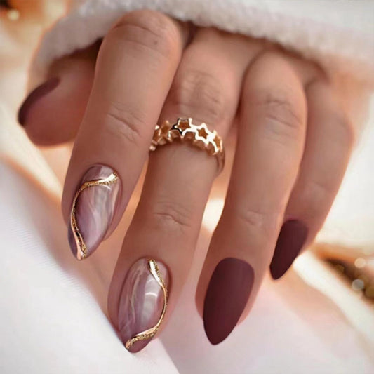 Almond Press on Nails Medium Fake Nails with Designs Marble Texture False Nails Press ons Reddish Brown Matte Glue on Nails Acrylic Full Cover Nails Cute Artificial Stick on Nails for Women 24PCS