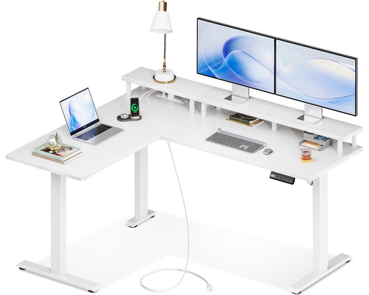 AODK Electric L-Shaped Standing Desk, 59 Inch Height Adjustable Office Desk with Monitor Stand, Sit-Stand Desk with Power Outlets, Large Lift Table for Home, Office, Workstation, White