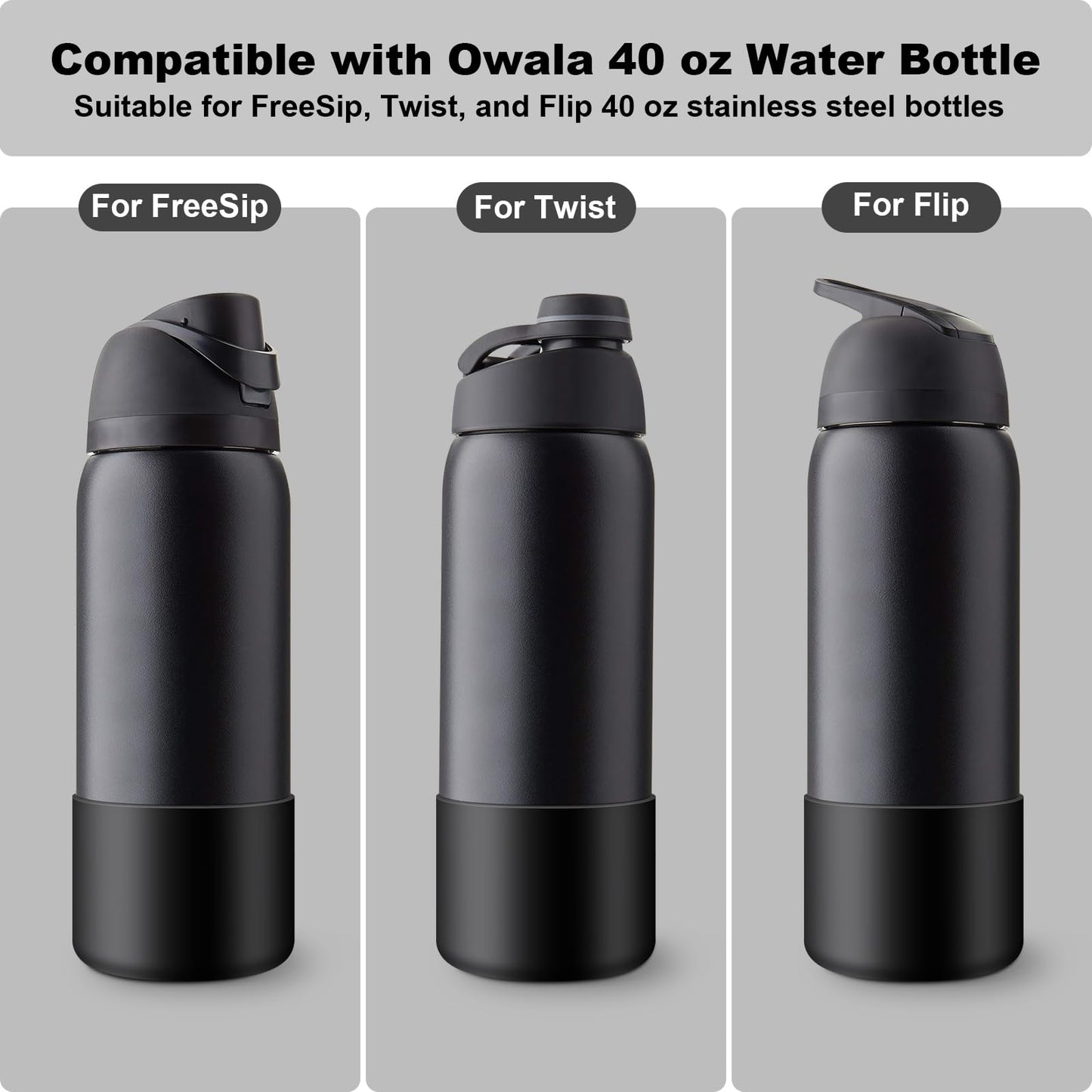 Alwenid 2PCS Silicone Water Bottle Boot for Owala 40 Oz, Anti-Slip Protective Sleeve Bottom Bumper Protector for FreeSip, Twist, and Flip Stainless Steel Water Bottles (Black)