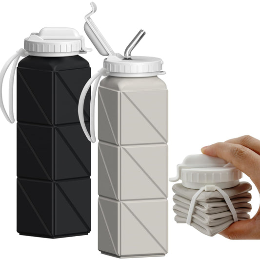 BEAUTAIL Collapsible Water Bottles with Straw, Silicone Foldable Portable Water Bottle 610ml Lightweight Reusable Leakproof for Travel Camping Hiking Cycling Yoga Sports, 2 Pack (Black+Starlight)