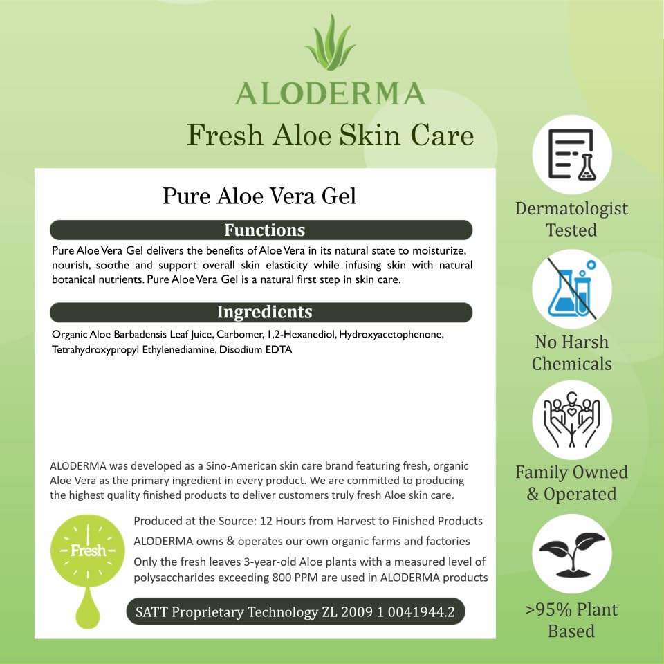 Aloderma 99% Organic Aloe Vera Gel Made within 12 Hours of Harvest, Easy Travel Size Tube for Body, Face, & Scalp, Cooling & Soothing Support for Skin & Sunburn, Hydrating Aloe Gel, 1.5oz - 6ct