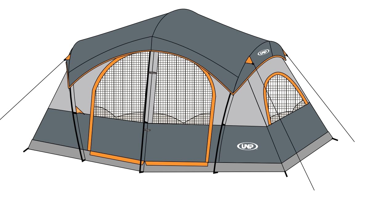 UNP Camping Tent 8/9 Person, Family Camping Tent, 5 Large Ventilation Mesh Windows, 14'x14'x78 inches Tall with Dividers Curtain for 2 Room