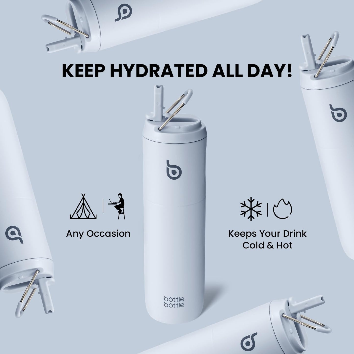 BOTTLE BOTTLE Insulated Water Bottle 24oz with Straw Lid and Handle for Sports Travel Gym Stainless Steel Water Bottles Double-Wall Vacuum Metal Thermos Bottles Leak Proof BPA-Free (Light Blue)