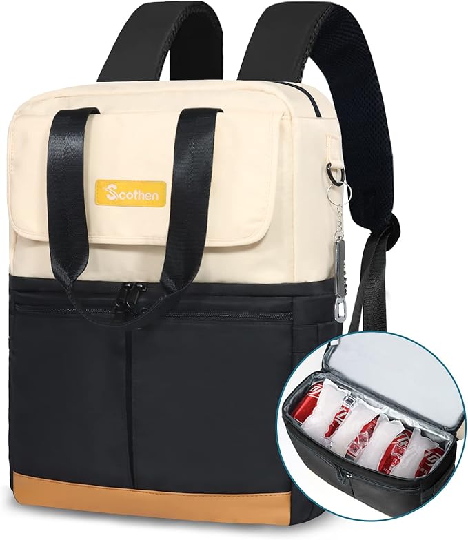 Backpack Cooler with Double Decker & 12 Ice Packs- Keeps 36 Cans Cold for Up to 24 Hours- Waterproof & Leak Proof Insulated Cooler Backpack- Stylish Cooler Bookbag for Women Travel Work Beach