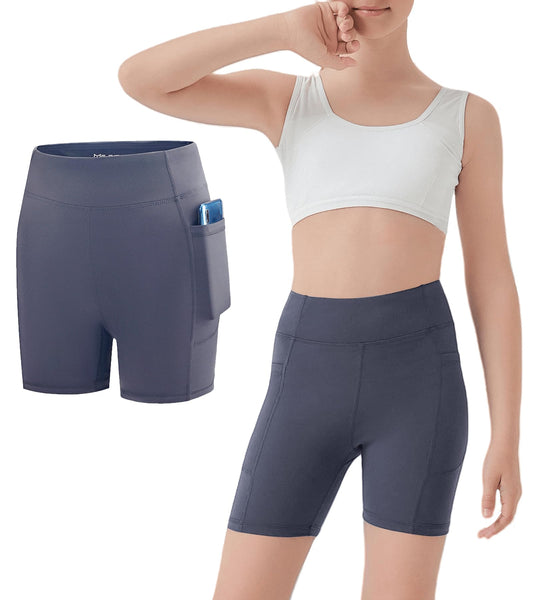MEJING Teen Girls Volleyball Biker Shorts Size 14-16, Grey Athletic Gymnastics Shorts, Youth Yoga Dance Compression Stretchy Shorts Pockets