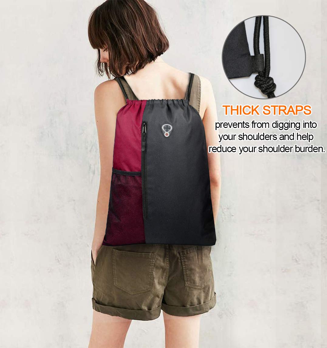 BeeGreen Maroon Drawstring Backpack Sports Gym Bag for Women Men Large String Backpack With Zipper and Water Bottle Mesh Pockets Cinch Sack Workout Bag, 16" x 20"