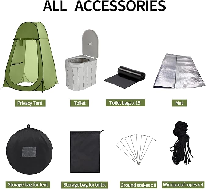 Portable Toilet and Privacy Tent for Adults, Pop Up Potty Tent Outdoor Portable Toilet for Camping with 15 Toilet Bags, Mat, Pop-up Tent for Toilet, Travel, Changing