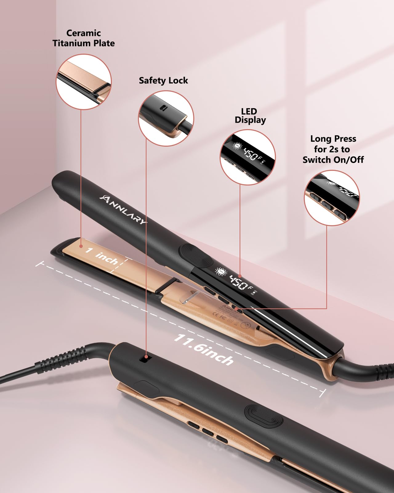 Annlary Hair Straightener, 1 Inch Flat Iron Hair Straightener and Curler 2 in 1, Professional Ionic Titanium Dual Voltage Flat Iron with Anti-Iron Silicone for Less Frizz, Shinier & Smoother Hair