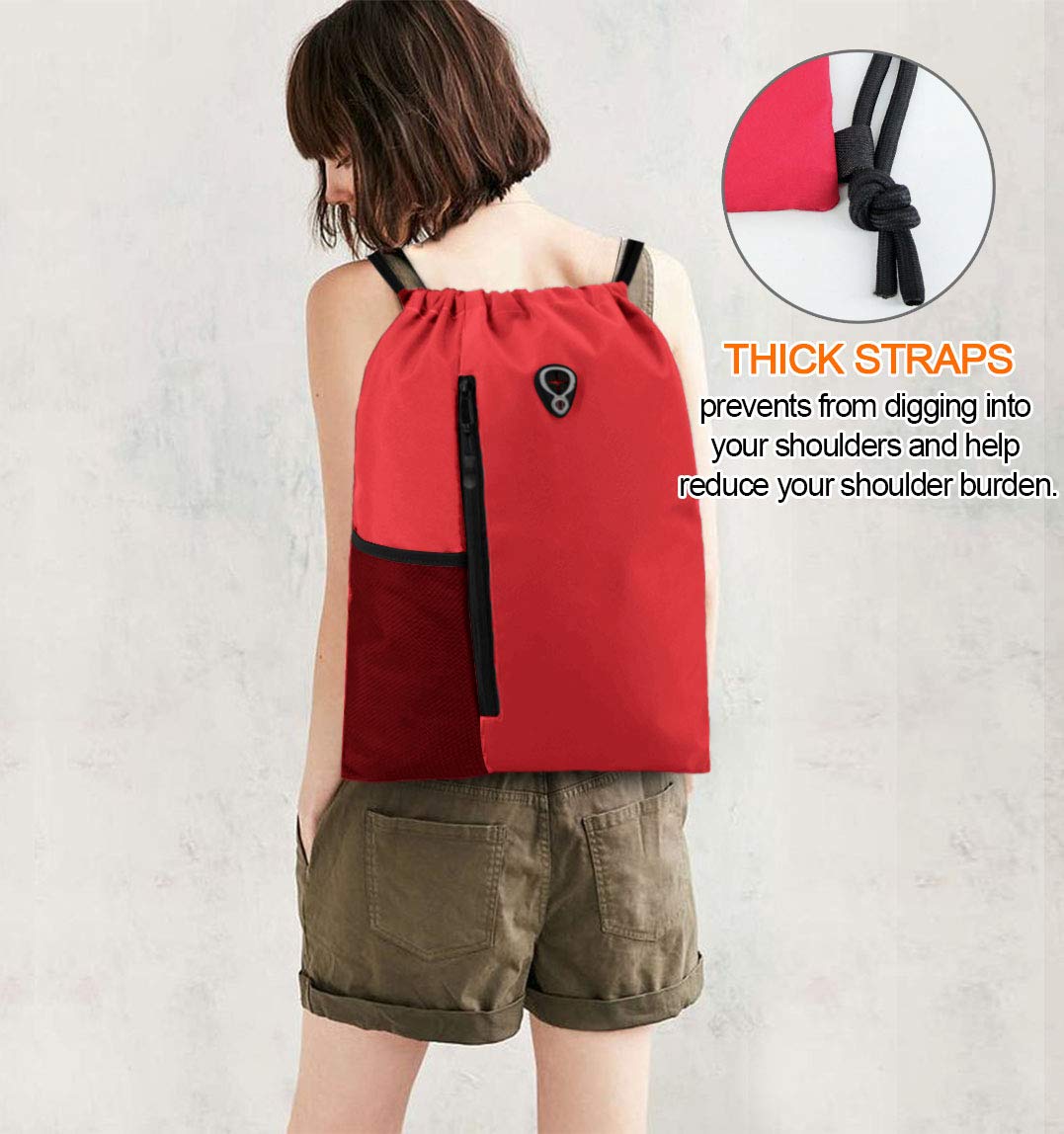 BeeGreen Red Lightweight Drawstring Backpack For Women W Water Bottle Pocket &Front Zippered Pocket Large Sports String Sackpack For Traveling Yoga Beach Outdoor Gym