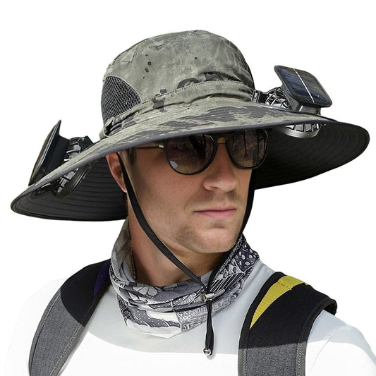 Wide Brim Sun Hat with 2 Solar Fan, Fishing Hat for Men, Solar Powered Fan Fishing Hats, 3 Speed Adjustable Fan Hat