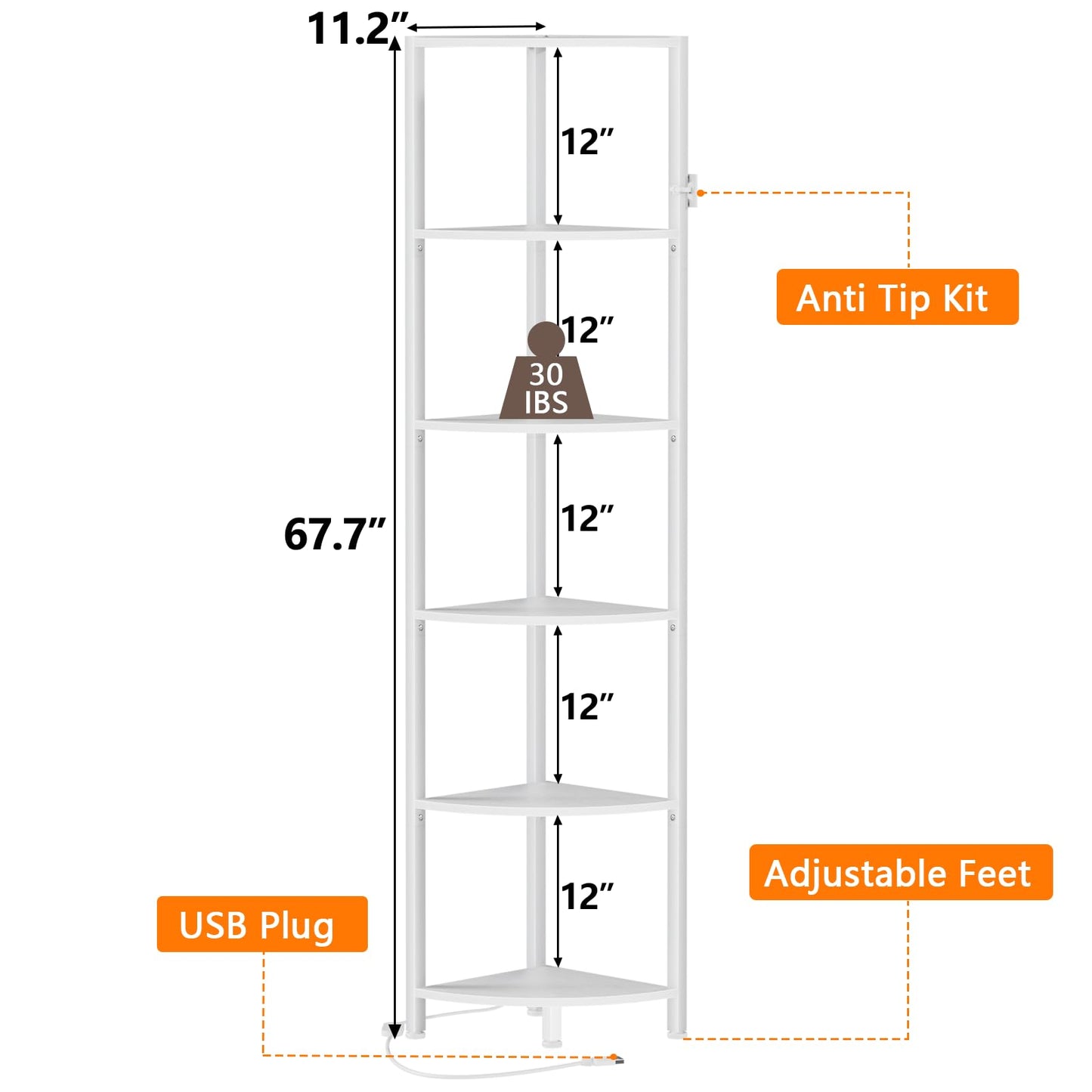 Furnulem 6 Tier Corner Shelf with LED Light, 67.5” Tall Standing Shelf Organizer, White Narrow Bookshelf with Storage Rack for Wall Corner, Living Room, Bedroom, Metal Frame, Wood Display Shelf