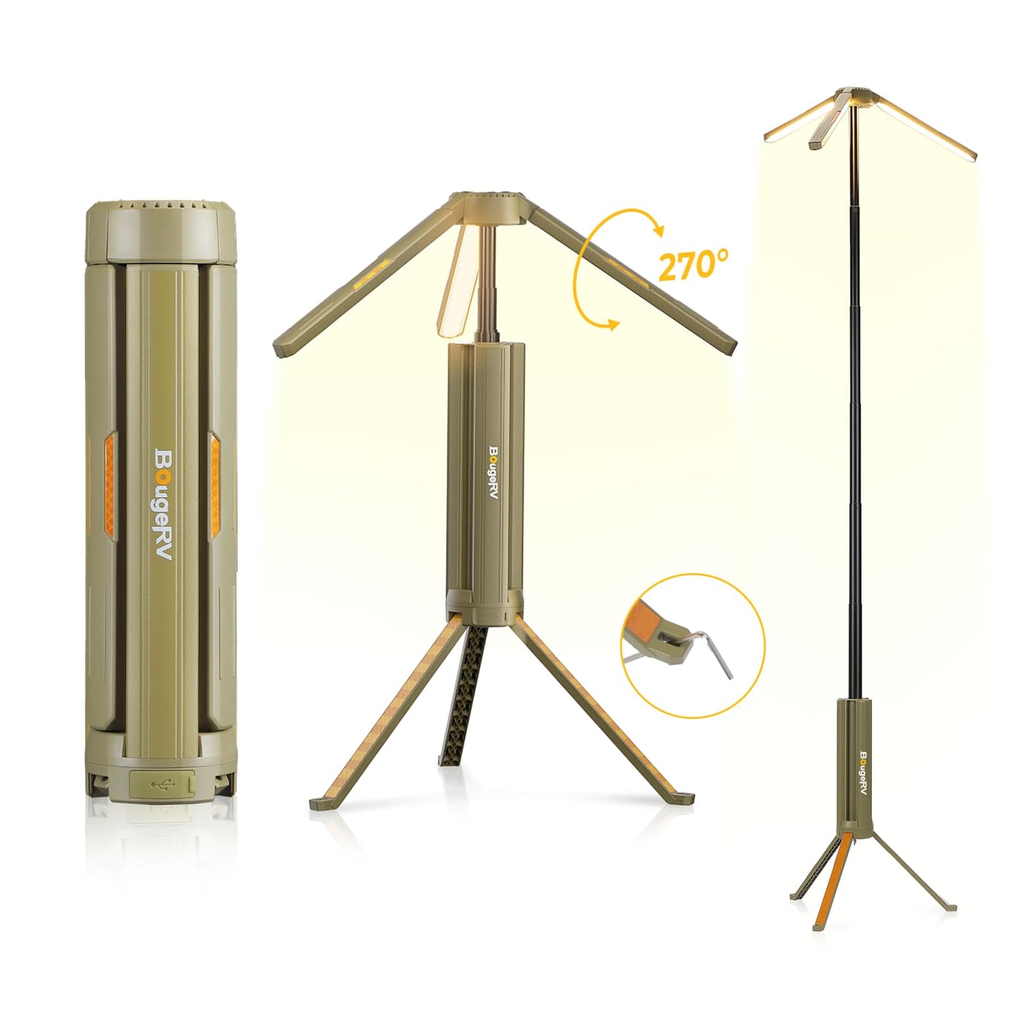 BougeRV Telescopic Camping Light, 15600mAh Collapsible Outdoor Light, Rotatable Electric Lantern, IP54 Waterproof Flashlight, Cordless Camping Tent Lamp for Emergency, Camping, Hiking, 2025 Version