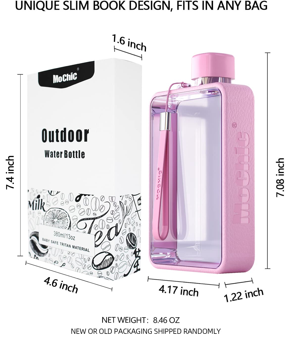 MoChic Flat Water Bottle Travel Flask Portable Travel Mug BPA Free A5 Water Bottle for Sports Camping Gym Fitness Outdoor 13oz Fit in Any Bag (Pink)…
