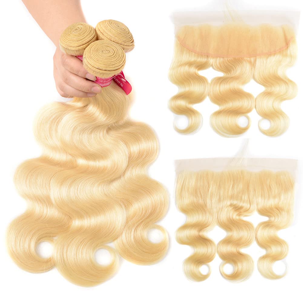Aopusi 613 Blonde Human Hair 3 Bundles with Frontal Brazilian Body Wave Bundles with 13×4 Free Part Frontal 100% Virgin Human Hair Weave with Swiss Lace Frontal Closure(10 12 14+10)