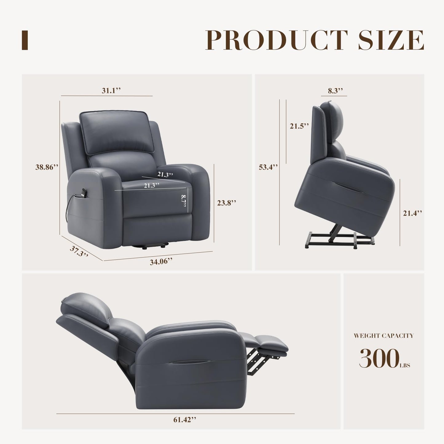 COLAMY Power Lift Recliner Chair for Elderly – Electric Leather Recliner with Remote Control, Ergonomic Backrest, Spacious Seat, Side Pocket & 2-Button Operation, 300lbs Capacity (Grey)