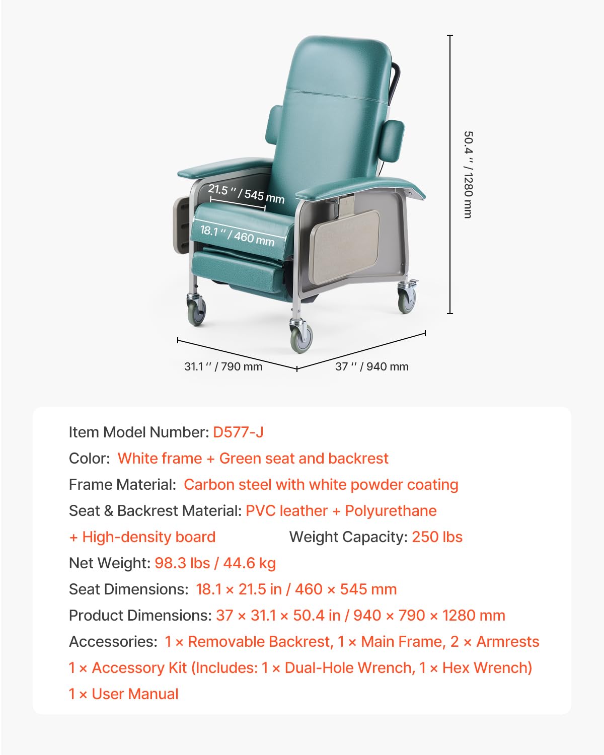 VEVOR Geri Chair Recliner, 4-Position Reclining Geri Chair, Trendelenburg Medical Recliner Chair with 4 Wheels, Soft Padded Seat & 2 Trays for Hospital, Nursing Home, Geriatric Home Care