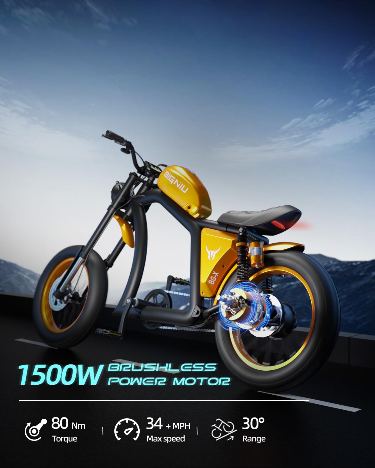 BIGNIU BG-X Electric Bike for Adults,1500W Brushless Motor 48V/31.5Ah Up to 40 Miles E-Bike Front/Rear Turn Signal Dual Suspension Ebikes with Windshield (Gold)
