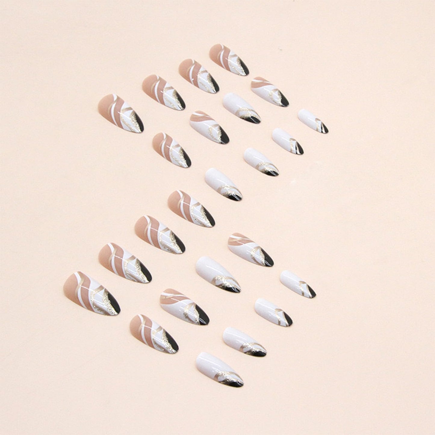 Almond Press on Nails Short Fake Nails White False Nails Press ons with Designs Gold Glitter Black Glue on Nails Glossy Full Cover Acrylic Nails Artificial Stick on Nails for Women Decorations 24Pcs