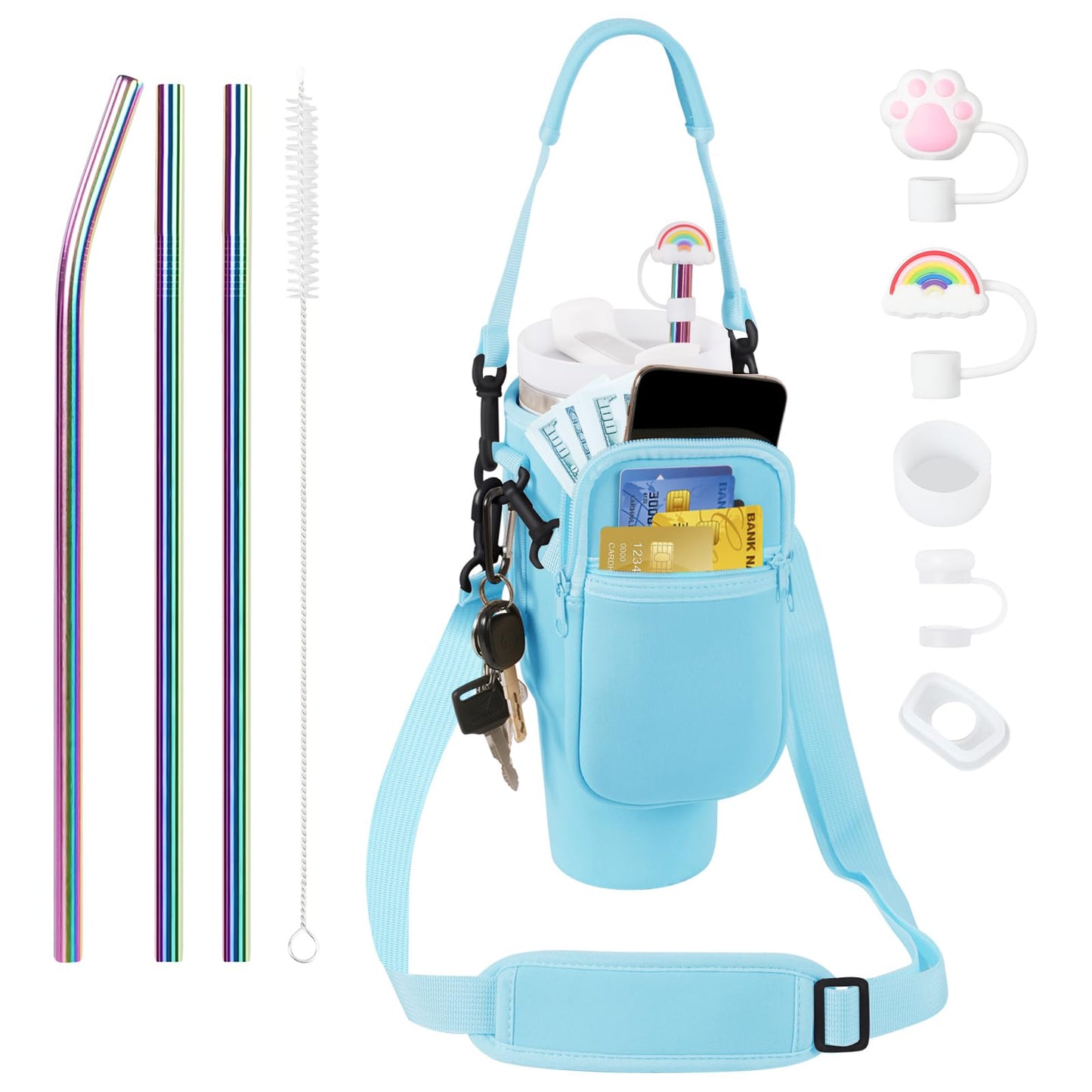 Evelame 3 in 1 Water Bottle Carrier Bag with Pouch Pocket fits Stanley 40 oz Tumbler, Water Bottle Holder with Strap for Stanley Cup Accessories with Stainless Steel Straws, Straw Cover (Blue)