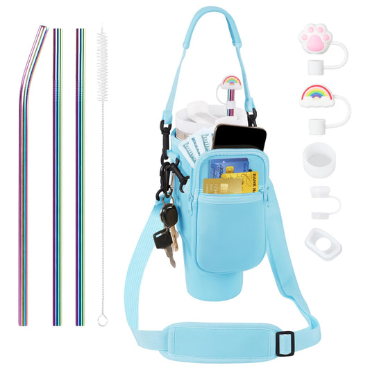 Evelame 3 in 1 Water Bottle Carrier Bag with Pouch Pocket fits Stanley 40 oz Tumbler, Water Bottle Holder with Strap for Stanley Cup Accessories with Stainless Steel Straws, Straw Cover (Blue)