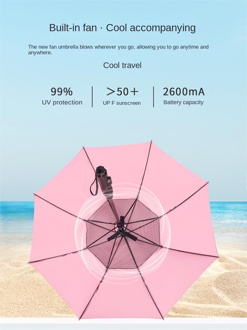 Uv Blocking Umbrella With Fan, 2024 New 3 In 1 Umbrella With Fan And Mist Spray, Sun Umbrella Protection, Usb Rechargeable Sun Umbrella, Cooling Umbrella With Fan, For Fishing, Golfing, Patio, Sand, Travel (Flamingo)
