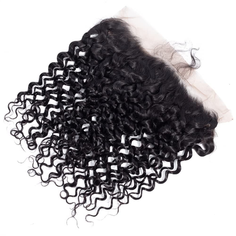 Ainimiu Curly Wave 13x4 Lace Frontal Human Hair Pre Plucked 100% unprocessed Brazilian Virgin Hair Transparent Ear To Ear Lace Frontal Closure With Baby Hair Natural Black 18inch