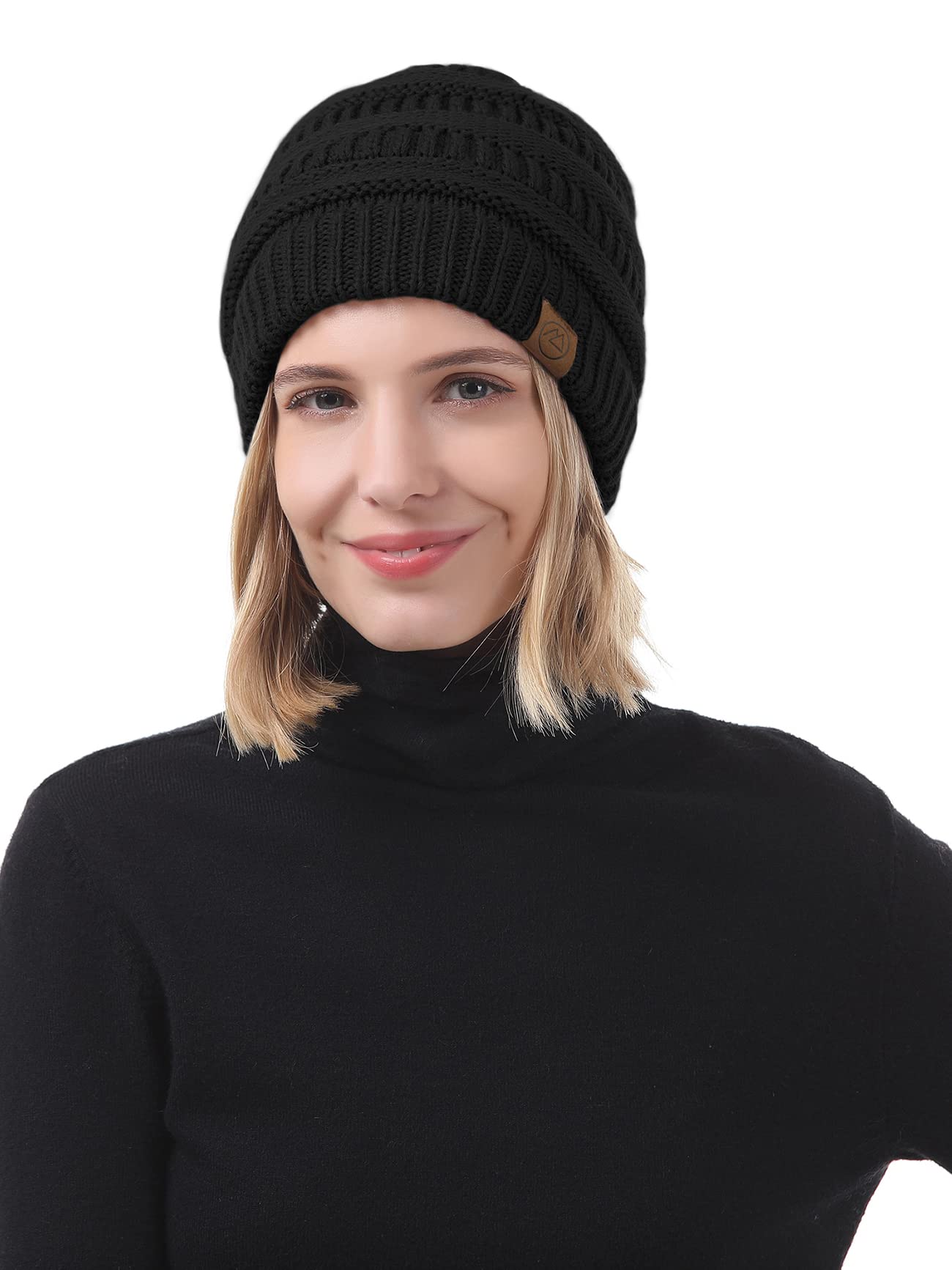 American Trends Winter Hats for Women Satin Lined Beanie Hats Cable Warm Knit Skull Cap Thick Slouchy Beanie for Cold Weather Black&Beige