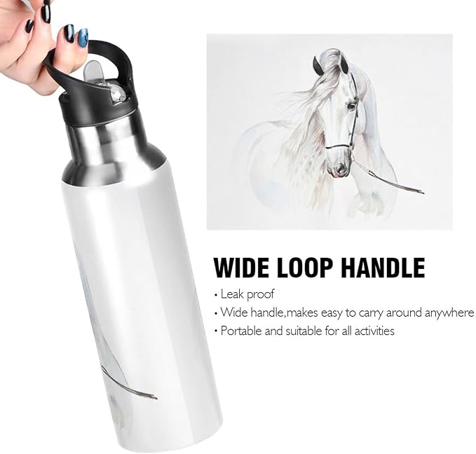 senya 20 Oz Water Bottle with Straw White Horse Stainless Steel Water Bottle for Traveling Sports Leakproof Insulated Water Bottle