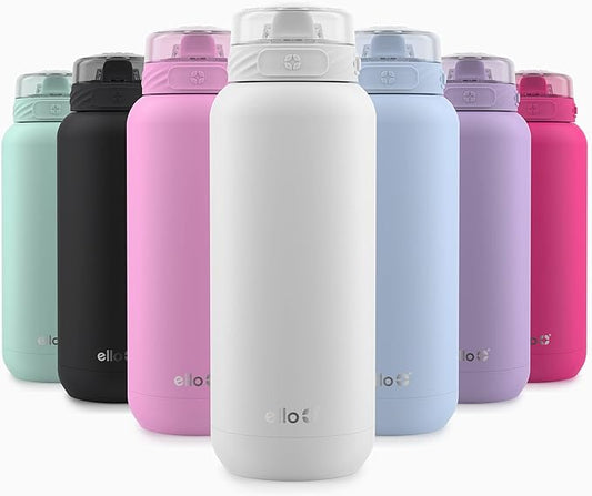 Ello Cooper 32oz Stainless Steel Water Bottle with Straw and Carry Handle, Double Walled and Vacuum Insulated Metal, Leak Proof Locking Lid with Soft Silicone Spout, Reusable, BPA Free, White