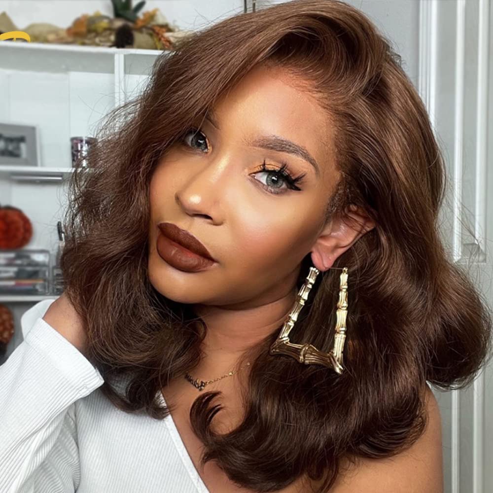 ANDRIA 13X4 HD Lace Front Wigs Pre-Plucked Hairline 16 Inches Body Wave Chocolate Glueless Lace Frontal Wigs with Baby Hair Short Bob Wig 200% Density Loose Wave Short Curly Lace Closure Wig