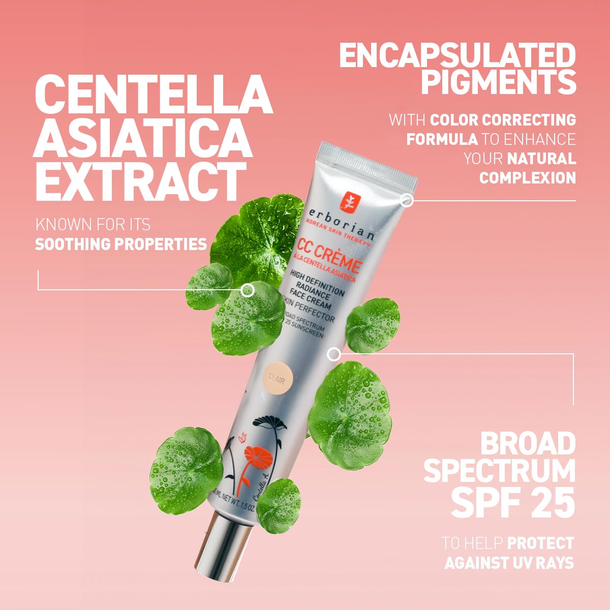 Erborian Color Correcting CC Cream with Centella Asiatica, Tan (Dore) - Light Multi-Purpose Facial Concealer with Illuminating Finish Soothes & Hydrates - SPF Korean Skincare Skin Perfector - 0.5 Oz