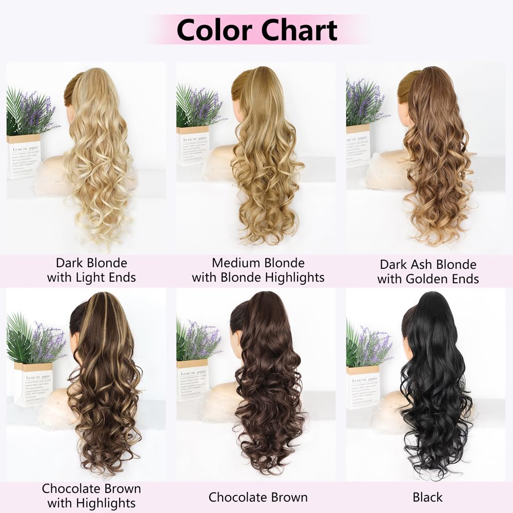 ALXNAN Ponytail Extension,24 Inch Claw Ponytail Hair Extensions for Women，Claw Clip in Long Wavy Synthetic Dark Ash Blonde with Golden Ends Ponytail Extension for Daily Use.