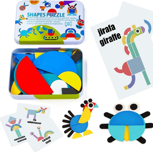 Spanish Sight Words Jigsaw Puzzle for Kids | Bilingual Learning Toy | Educational Stacking and Sorting Game Geometric Pattern Blocks Tangram Puzzles