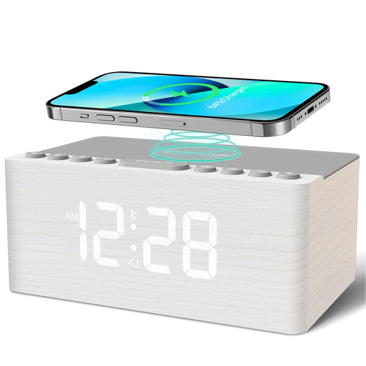 ANJANK Wooden Sound Machine Alarm Clock for Bedroom, Bluetooth Speaker, 20 Soothing Sounds, 0-100% Dimmer, Wireless Charging Station for iPhone/Samsung, Sleep Timer, White Noise Machine for Sleeping