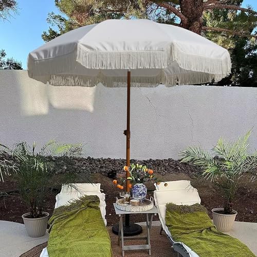 AMMSUN 7ft Patio Umbrella with Fringe Outdoor Tassel Umbrella UPF50+ Premium Steel Pole and Ribs Push Button Tilt, Cream White