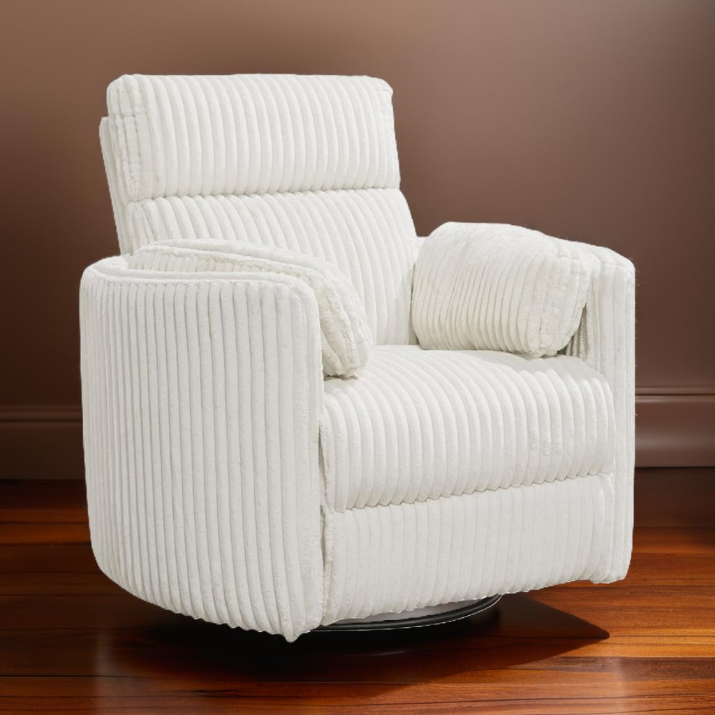 Pemberly Row Contemporary Fabric Swivel Glider Recliner in Ivory with USB Charging Ports and 2 Comfort Pillows for Living Room