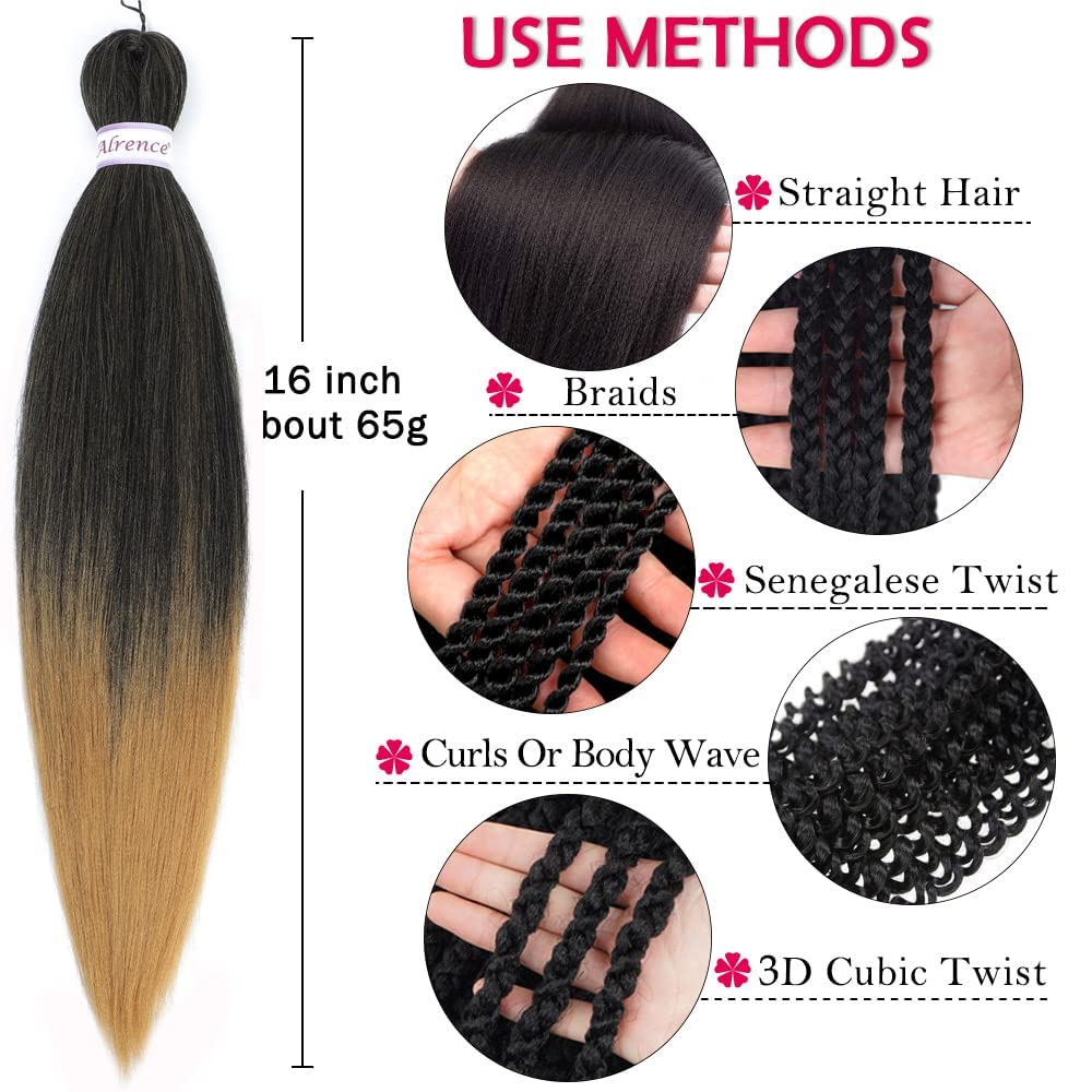 Alrence Pre Stretched Braiding Hair Long Braid 16 Inch 8 Packs Professional Braiding Hair Extensions Synthetic Crochet Twist Braids (16 Inch,T1B/27)