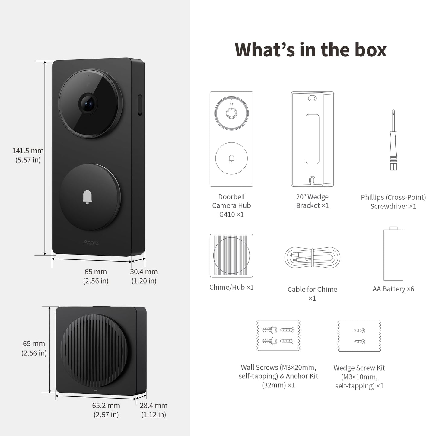 Aqara Smart Doorbell Camera G410 with Chime, 2K, HomeKit Secure Video, 2-Way Audio, Built-in Matter Hub, Wireless/Wired, Supports Apple Home, Alexa, Google, Home Assistant, 2.4G/5GHz Wi-Fi, Black