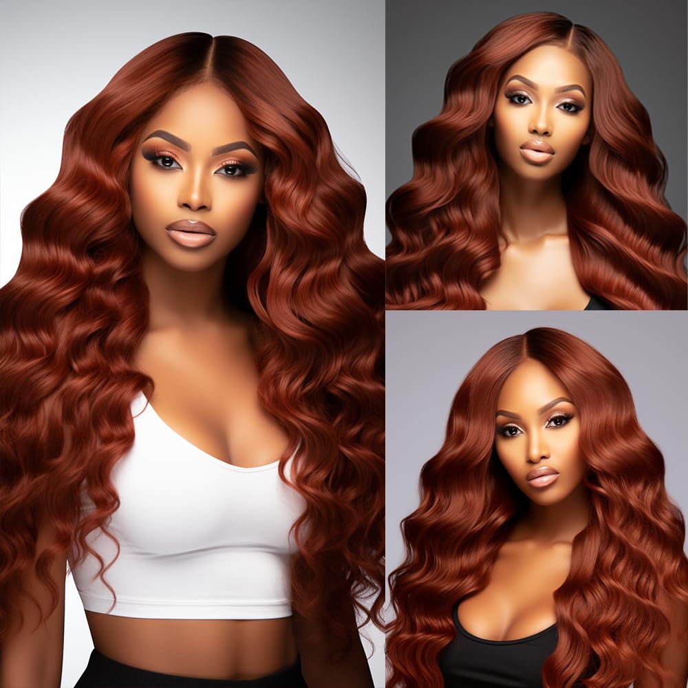 Copper Red Body Wave Bundles Human Hair Color 33 Bundles Human Hair Reddish Borwn Body Wave Bundles Double Weft Brazilian Human Hair Bundles Silky and Soft for Black Women 26 26 26 Inch