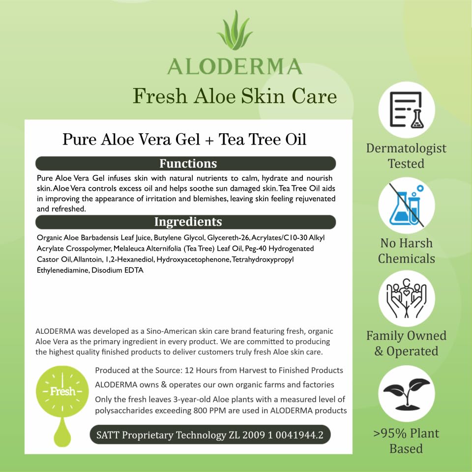 Aloderma Organic Aloe Vera Gel for Skin + Tea Tree Oil, Made within 12 Hours of Harvest, Soothing Pure Aloe Vera Gel for Face, Works Great for Scalp & Aftershave, All Natural Aloe Gel - 300ml x 3btl