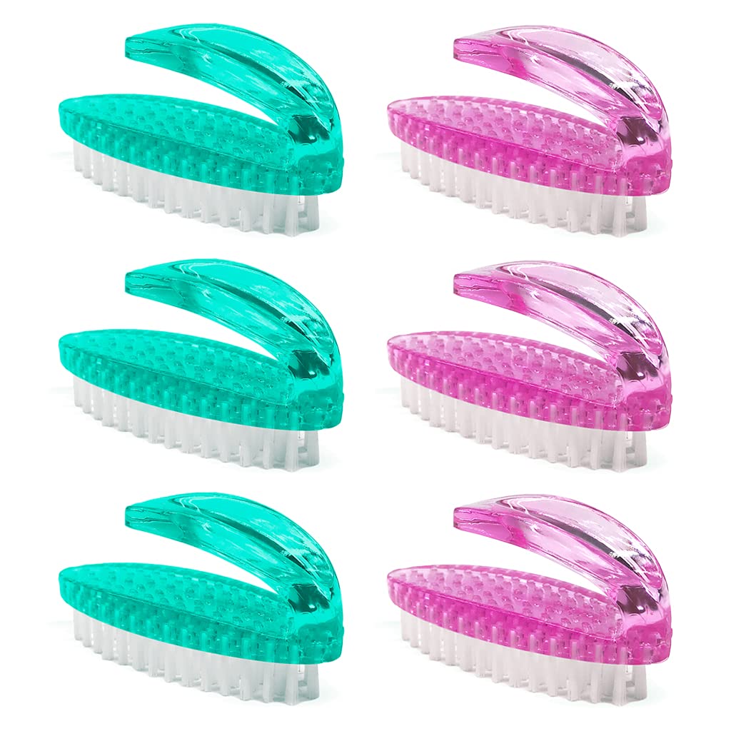 AMERWASH PLUS Handle Grip Nail Brush for Cleaning Fingernails Hands & Under Nails, Stiff Bristle Mechanic Scrub Brush Cleaner for Men Women, Pedicure Scrubbing Tool Kit (3 Pink + 3 Green)